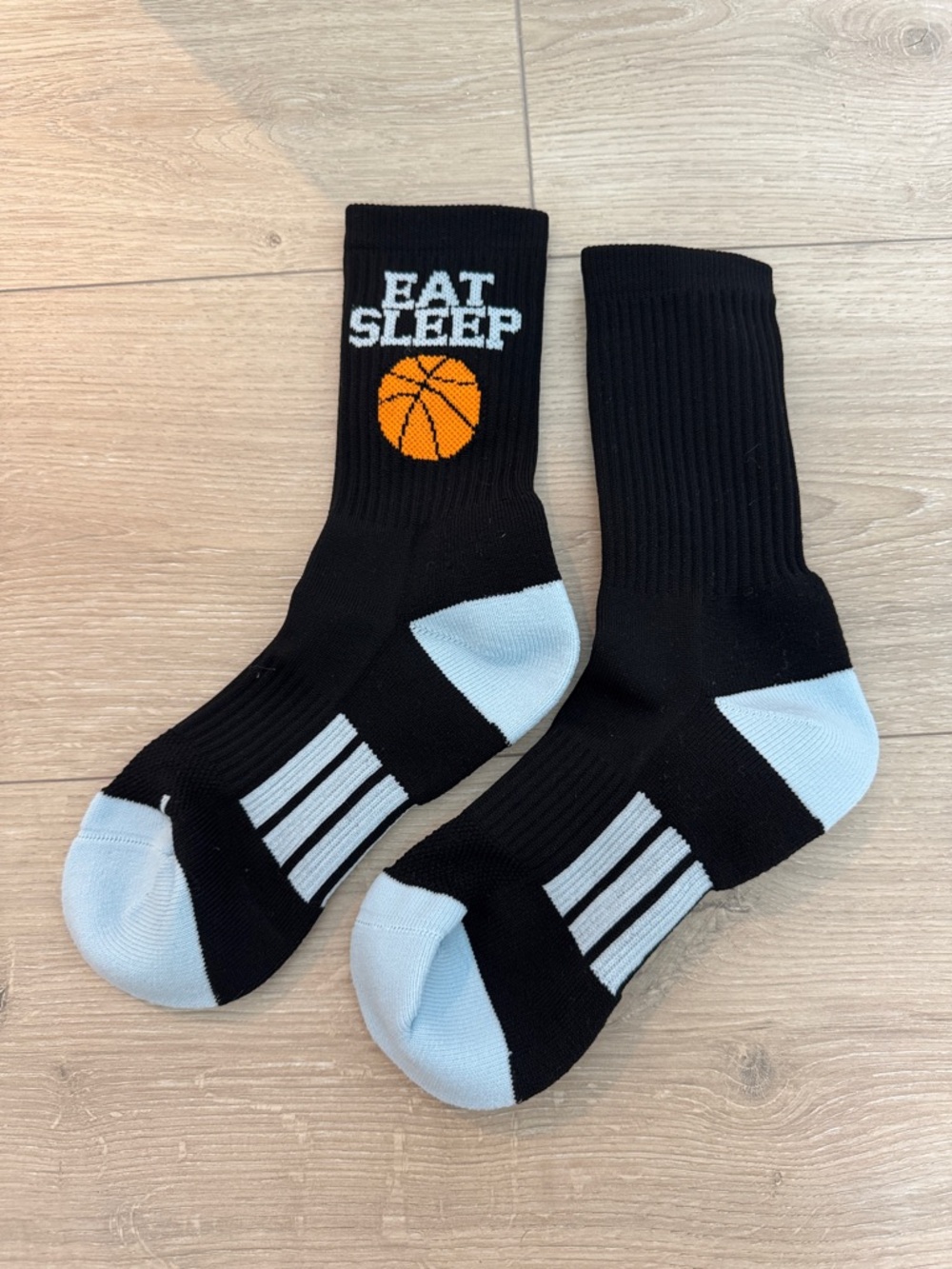 Eat Sleep Basketball Black Crew Socks with Light Blue Accents